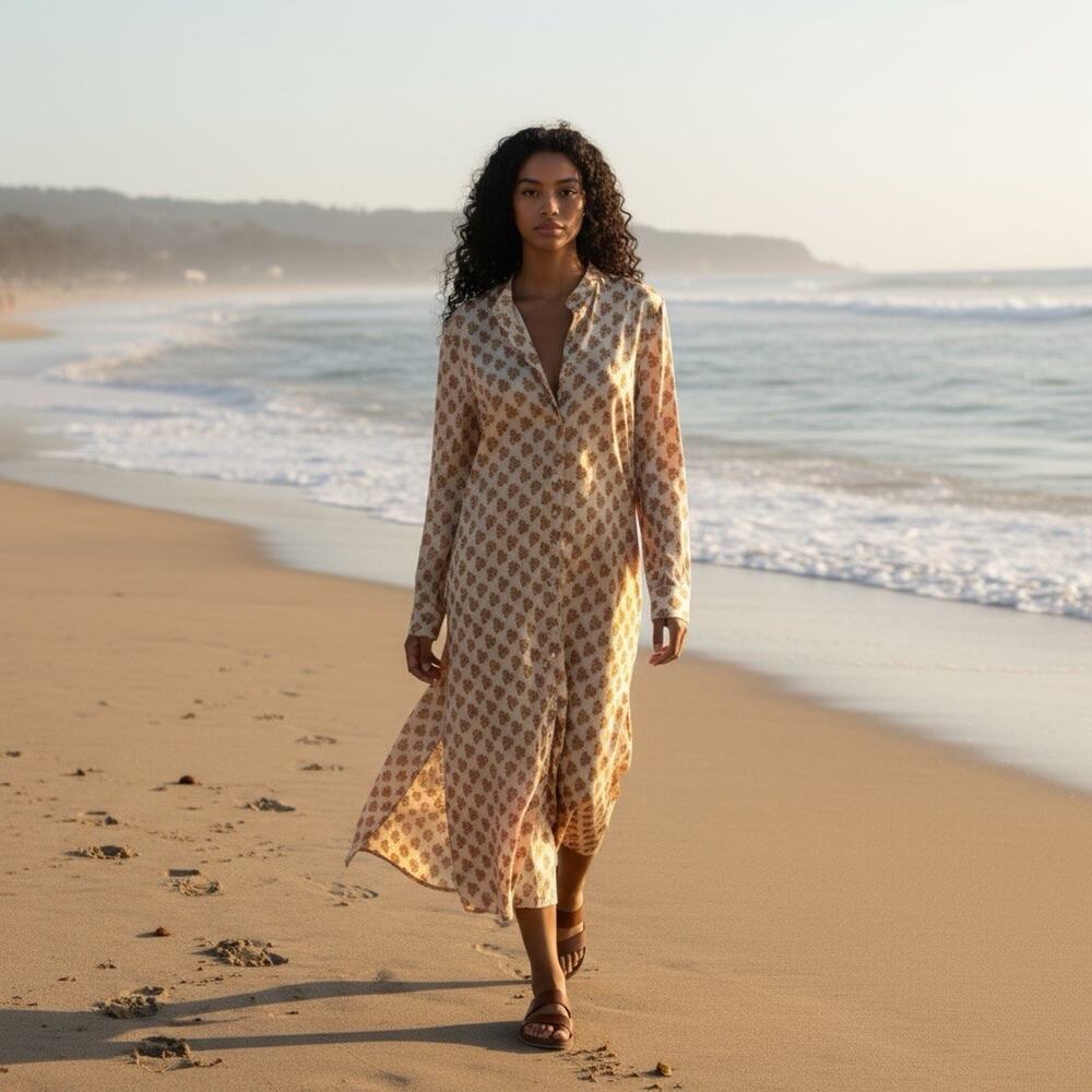 Pink Ripple Womens Small Peach & Gold Silky Caftan Beach Cover Up Tunic‎ Dress